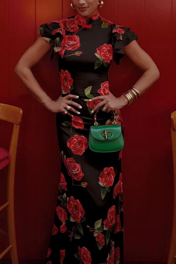 Vestido Longo Floral Elegância Vintage com Gola Alta e Babados