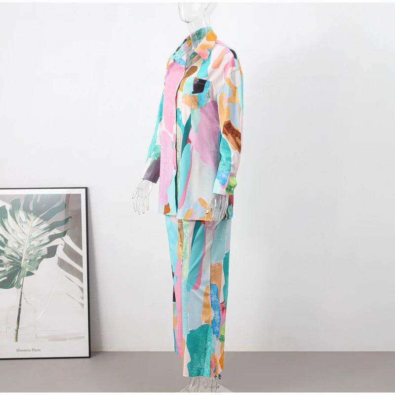 Conjunto Feminino Camisa Longa e Calça de Elástico Colorido Aquarela