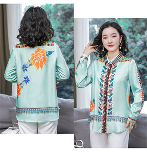 Camisa Toque de Seda Floral Turquesa