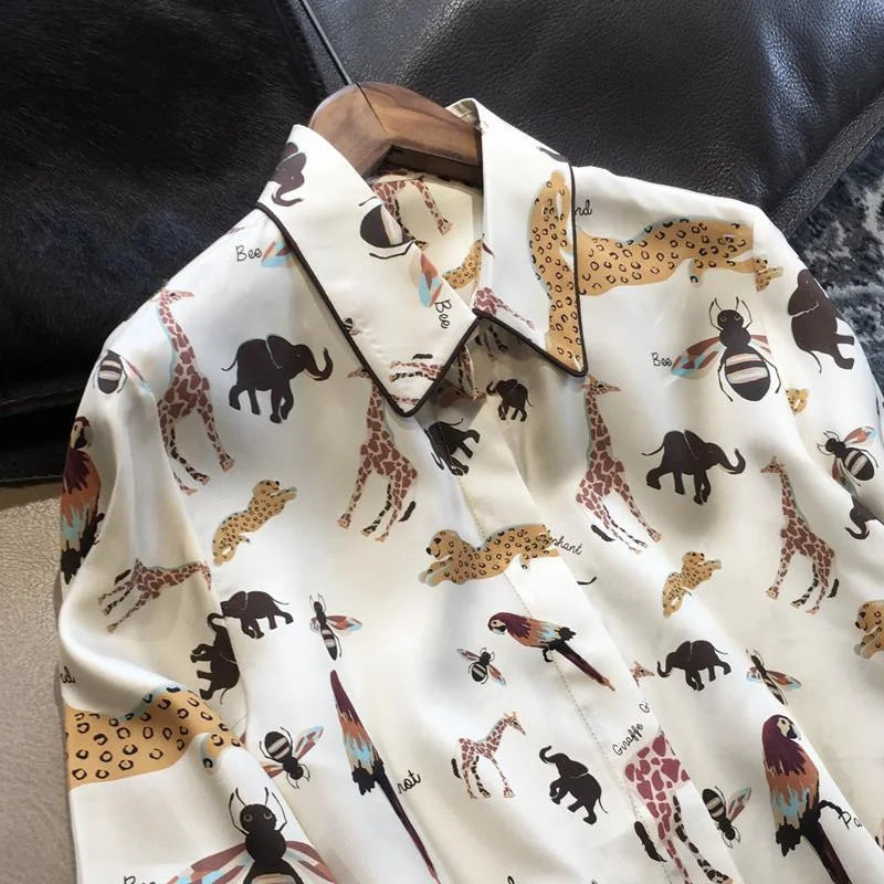 Camisa Feminina Manga Longa Toque de Seda Animais