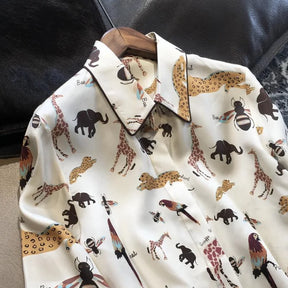 Camisa Feminina Manga Longa Toque de Seda Animais