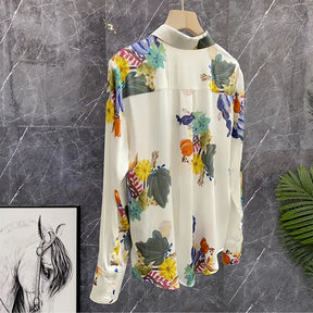 Camisa Feminina Toque de Seda Folhagens Coloridas