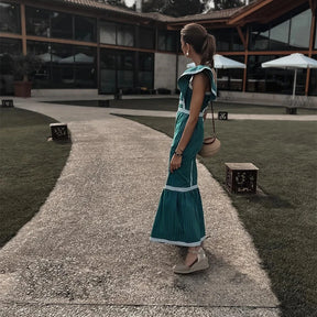 Vestido Longo Xadrez Decote Quadrado Manga Voadora Milão