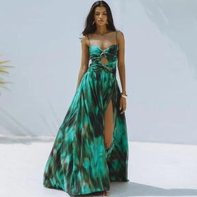 Conjunto de Maiô e Saia Longa “Jade” com Estampa Floral em Tons de Rosa e Verde