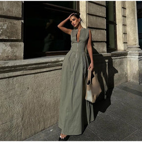 Vestido Maxi Feminino Sem Mangas com Zíper de Cintura Alta Roma (Pronta Entrega)