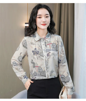 Camisa Feminina Manga Longa Toque de Seda Retrô