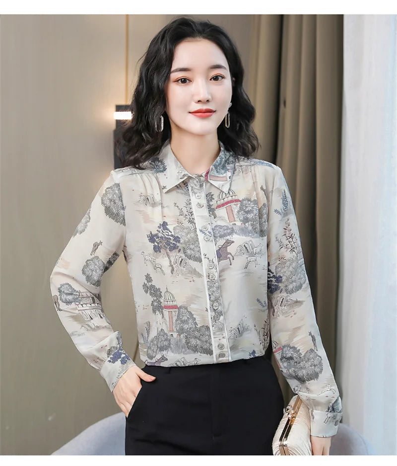 Camisa Feminina Manga Longa Toque de Seda Retrô