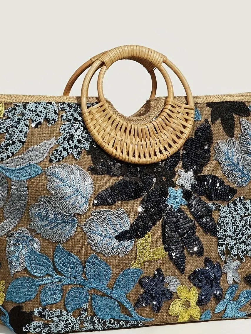 Bolsa Feminina Grande Bordada Com Flores Azul e Preta Alça Redonda de Palha