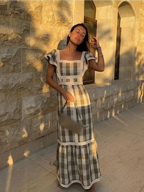 Vestido Longo Xadrez Decote Quadrado Manga Voadora Milão