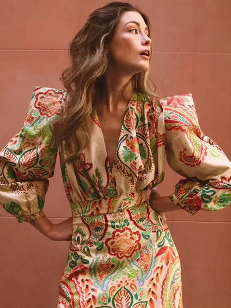 Vestido Midi Plissado com Estampa Vintage Portland