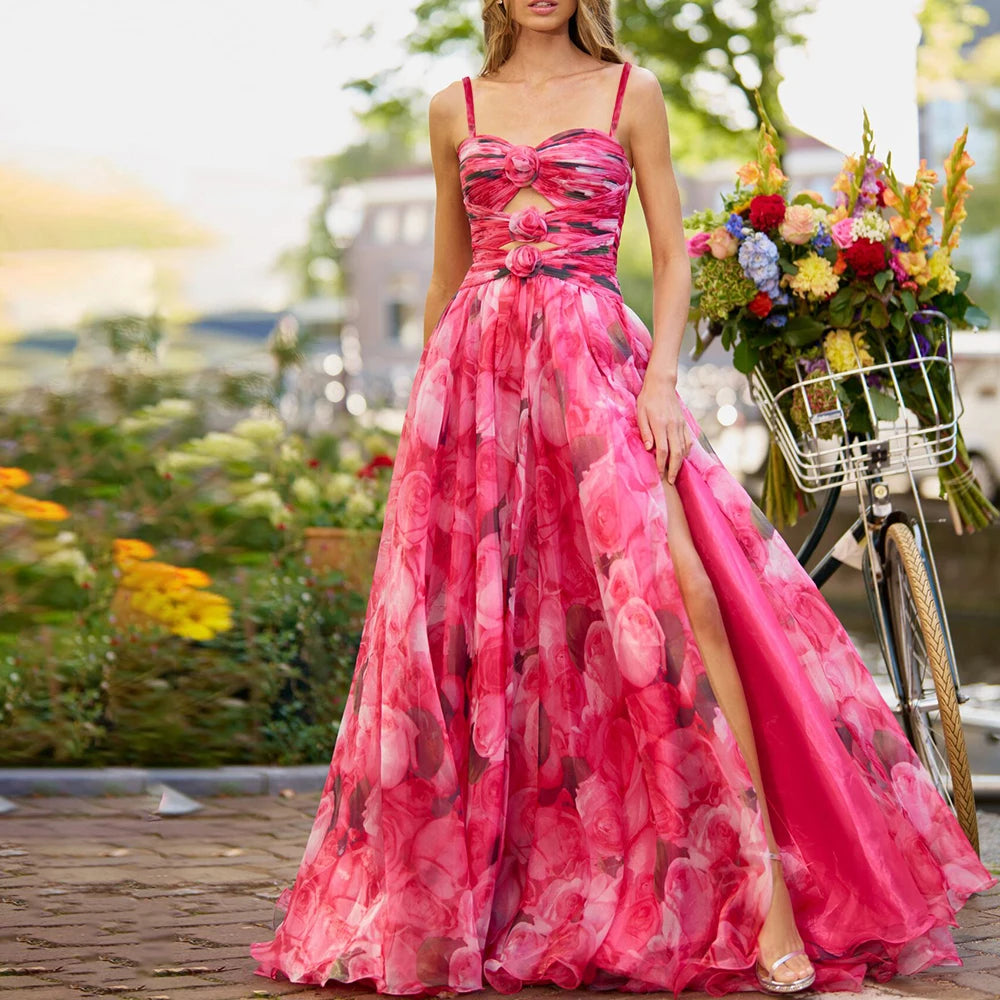 Conjunto de Maiô e Saia Longa “Jade” com Estampa Floral em Tons de Rosa e Verde