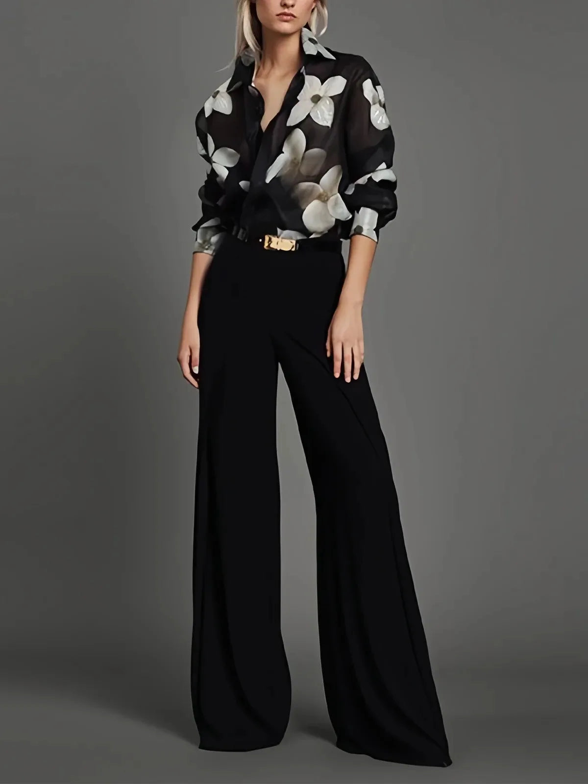 Camisa Floral Noir Elegance – Estilo Casual e Sofisticado