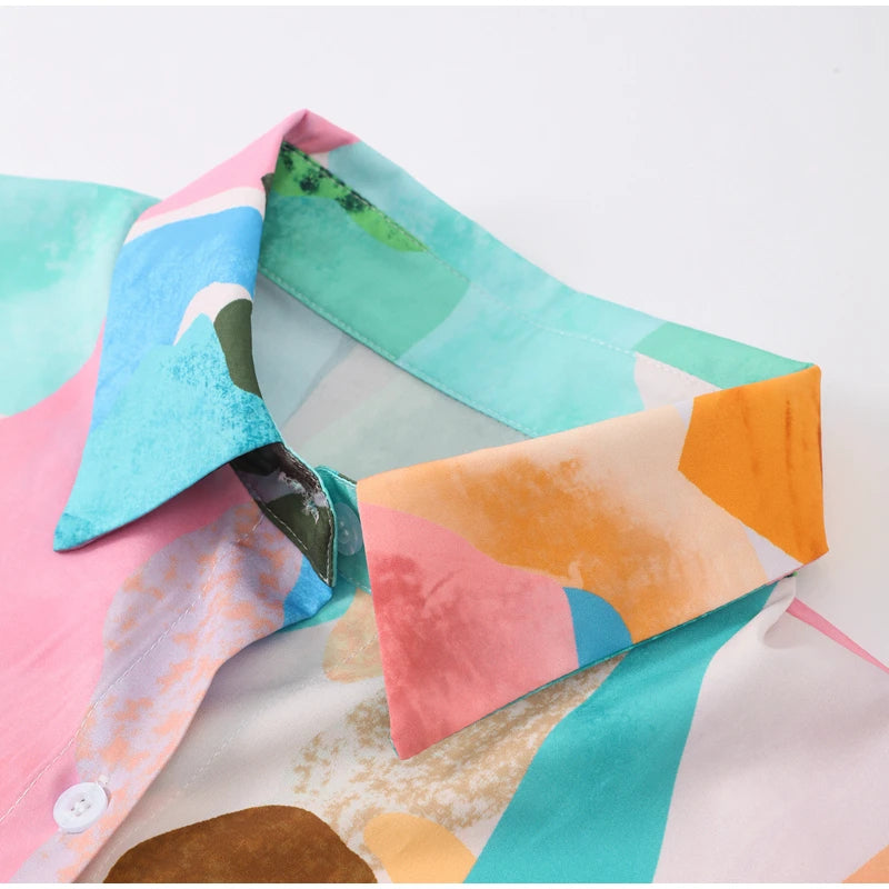 Conjunto Feminino Camisa Longa e Calça de Elástico Colorido Aquarela