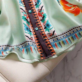 Camisa Toque de Seda Floral Turquesa