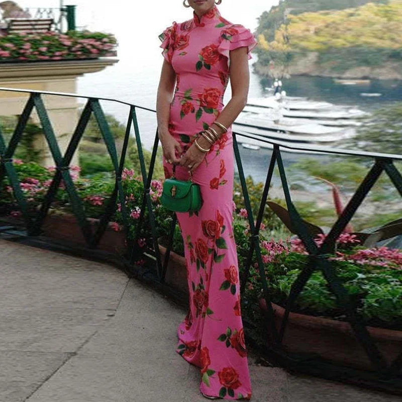 Vestido Longo Floral Elegância Vintage com Gola Alta e Babados