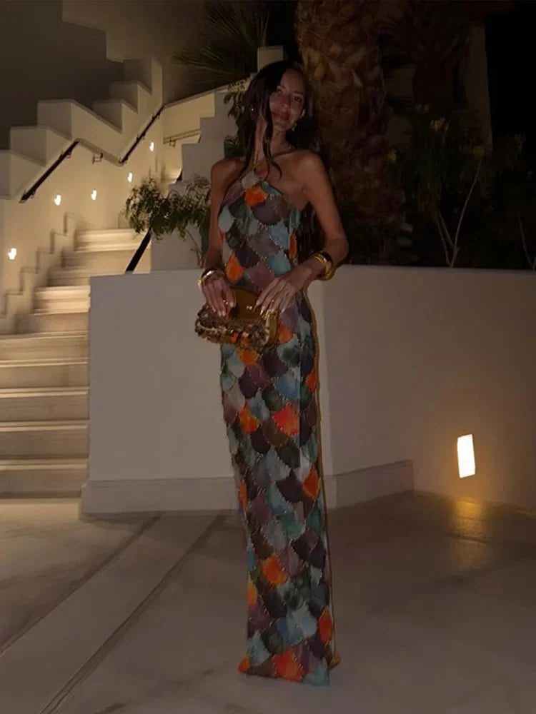 Vestido Sereia Azura – Estampa Escamas de Peixe e Saia Longa Fluida