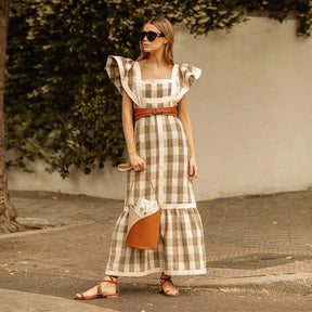 Vestido Longo Xadrez Decote Quadrado Manga Voadora Milão