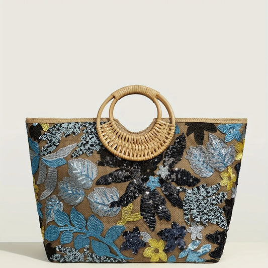 Bolsa Feminina Grande Bordada Com Flores Azul e Preta Alça Redonda de Palha