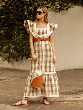 Vestido Longo Xadrez Decote Quadrado Manga Voadora Milão