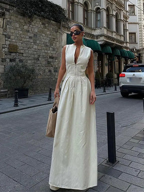 Vestido Maxi Feminino Sem Mangas com Zíper de Cintura Alta Roma (Pronta Entrega)