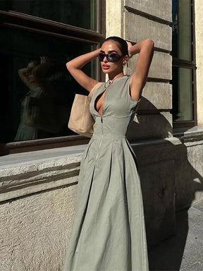 Vestido Maxi Feminino Sem Mangas com Zíper de Cintura Alta Roma (Pronta Entrega)