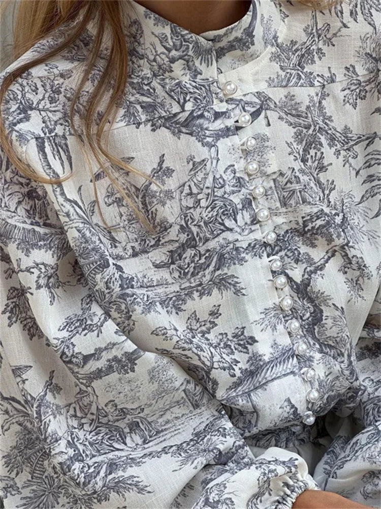 Vestido Casual Feminino Elegante, Gola Alta, Mangas Plissadas e Cinto Ajustável, Estampa Vintage Floral