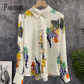 Camisa Feminina Toque de Seda Folhagens Coloridas