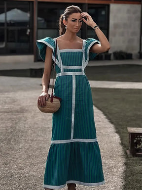 Vestido Longo Xadrez Decote Quadrado Manga Voadora Milão