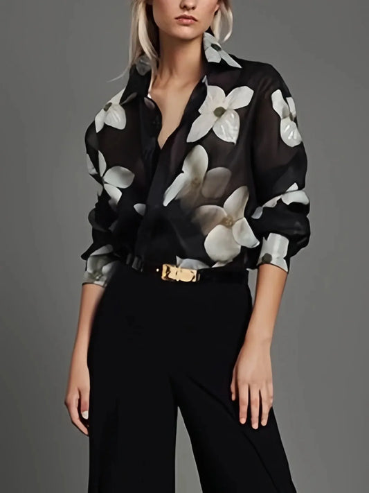 Camisa Floral Noir Elegance – Estilo Casual e Sofisticado