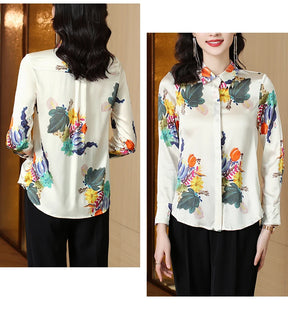 Camisa Feminina Toque de Seda Folhagens Coloridas