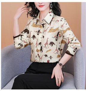 Camisa Feminina Manga Longa Toque de Seda Animais