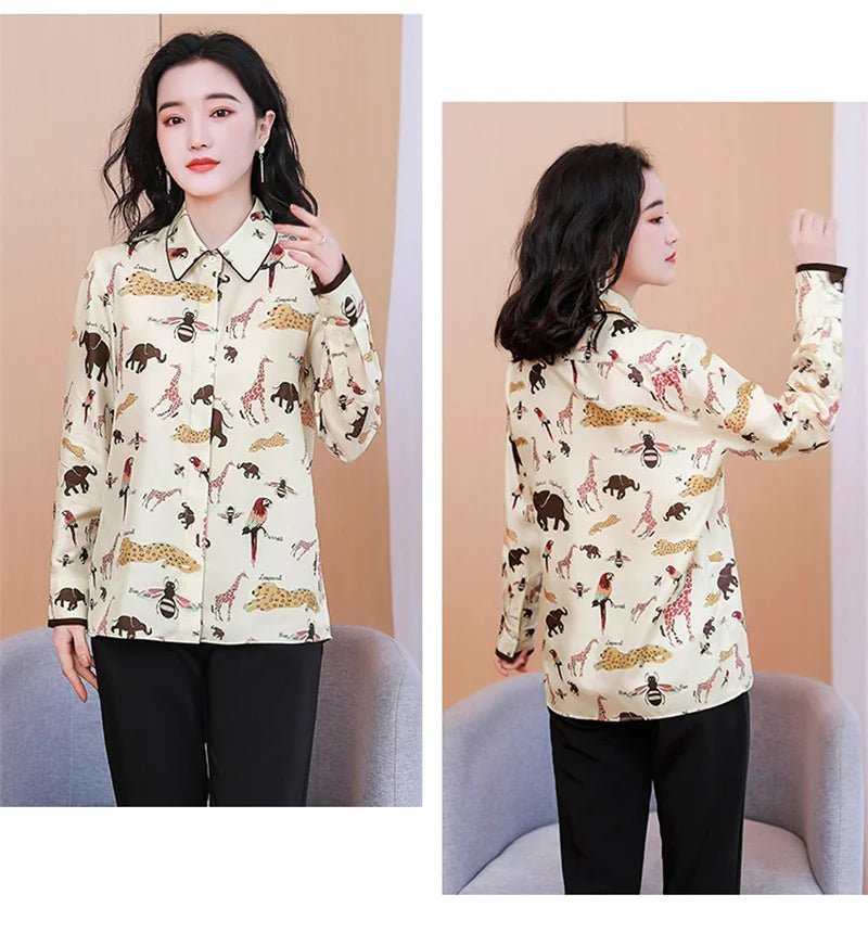 Camisa Feminina Manga Longa Toque de Seda Animais