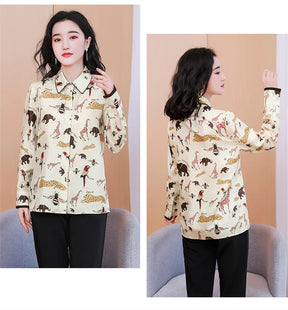 Camisa Feminina Manga Longa Toque de Seda Animais