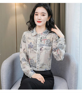 Camisa Feminina Manga Longa Toque de Seda Retrô
