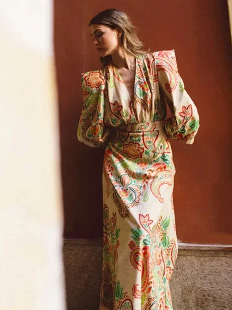 Vestido Midi Plissado com Estampa Vintage Portland