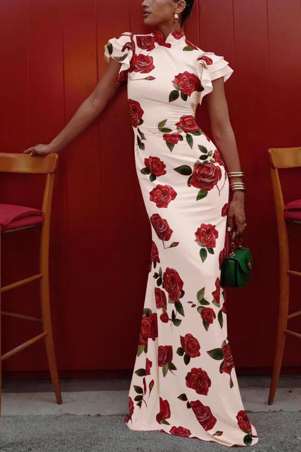 Vestido Longo Floral Elegância Vintage com Gola Alta e Babados