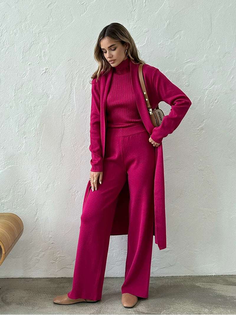 Conjunto 3 peças Calça, blusa canelada e maxi cardigan