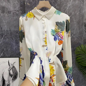 Camisa Feminina Toque de Seda Folhagens Coloridas