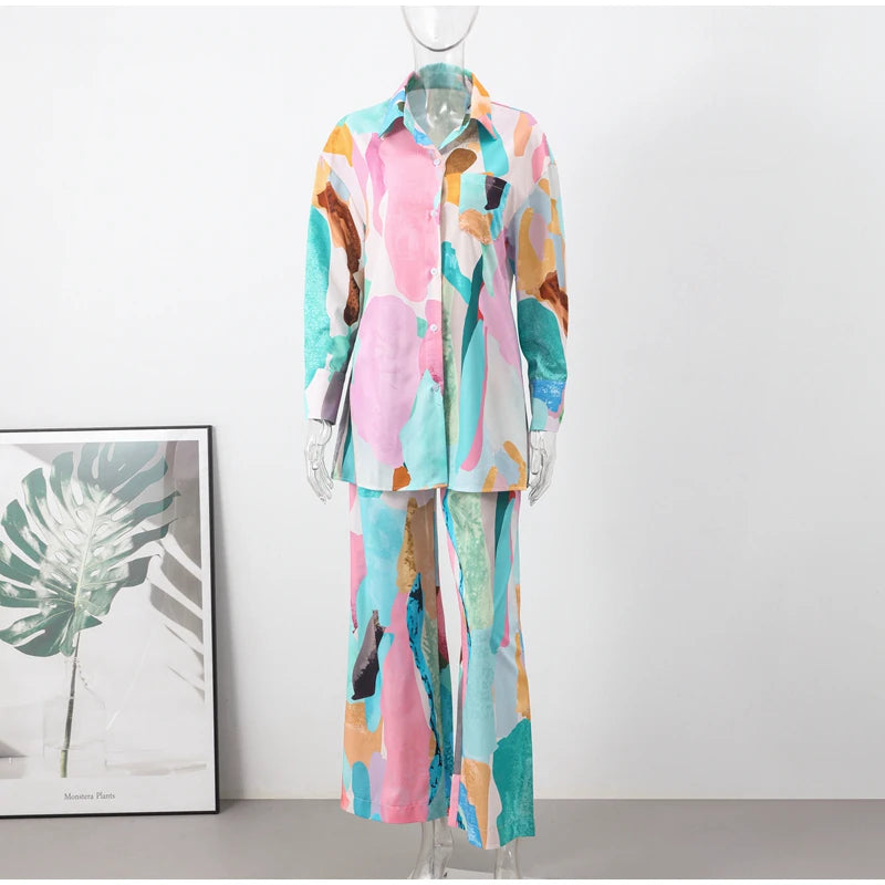 Conjunto Feminino Camisa Longa e Calça de Elástico Colorido Aquarela