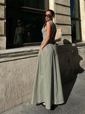 Vestido Maxi Feminino Sem Mangas com Zíper de Cintura Alta Roma (Pronta Entrega)
