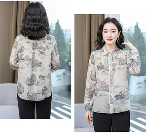 Camisa Feminina Manga Longa Toque de Seda Retrô