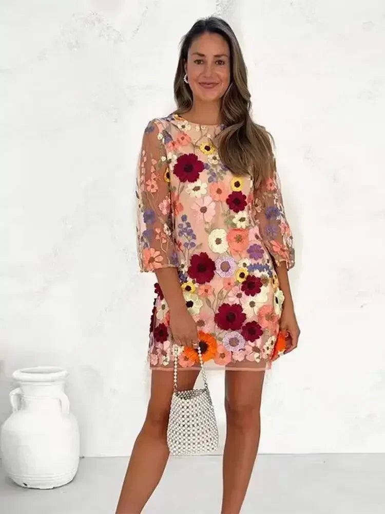 Vestido Bordado com Flores em Tule Manga Longa Justo Amsterdam