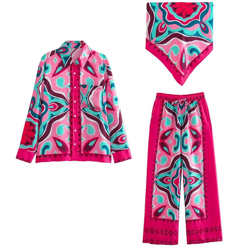 Conjunto Brigitte - Camisa, blusa estilo lenço e calça com elástico