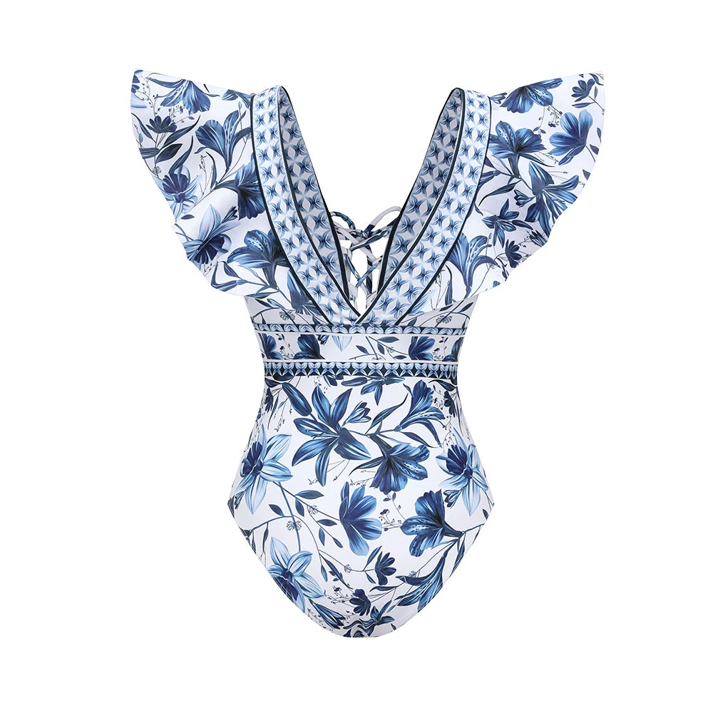 Conjunto de Maiôs e Saia/Pareô “Água Marinha” com Estampa Floral Azul e Branca