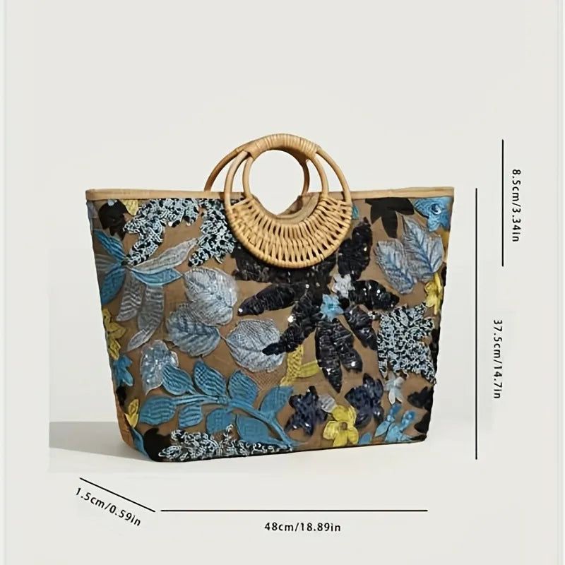 Bolsa Feminina Grande Bordada Com Flores Azul e Preta Alça Redonda de Palha