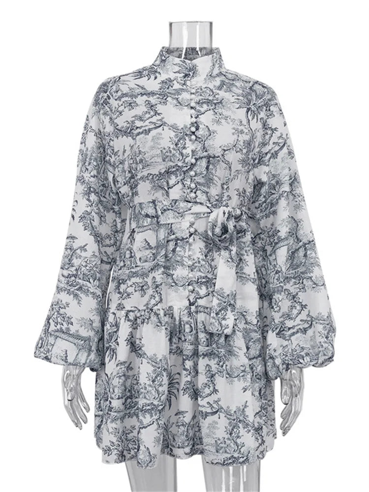 Vestido Casual Feminino Elegante, Gola Alta, Mangas Plissadas e Cinto Ajustável, Estampa Vintage Floral