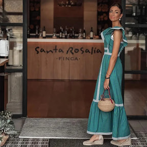 Vestido Longo Xadrez Decote Quadrado Manga Voadora Milão