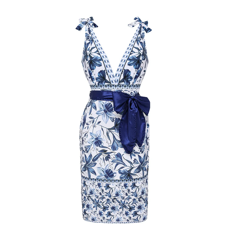 Conjunto de Maiôs e Saia/Pareô “Água Marinha” com Estampa Floral Azul e Branca