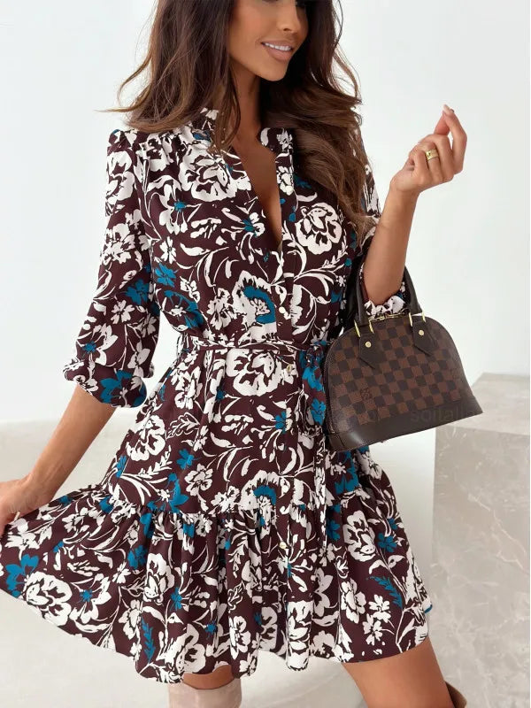 Vestido Curto Floral Feminino Elegante com Manga Comprida e Decote em V