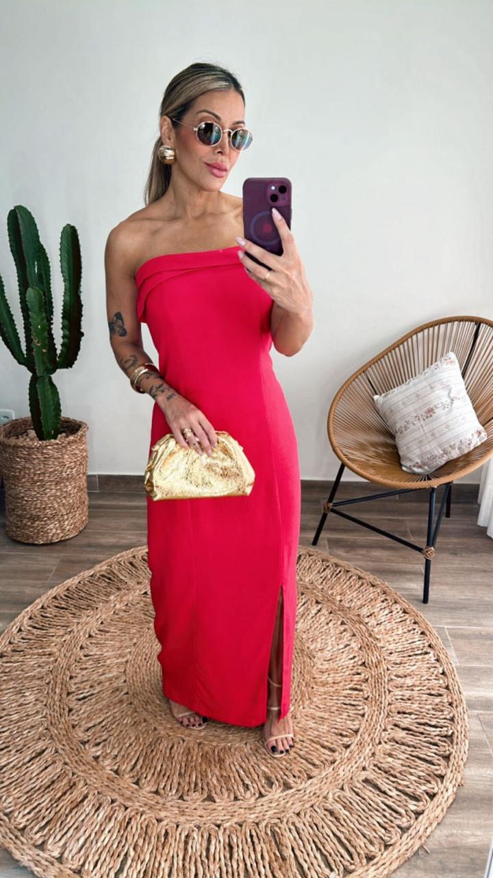 Vestido de Linho "Tânia" – Tomara-que-Caia com Fenda Lateral Vermelho